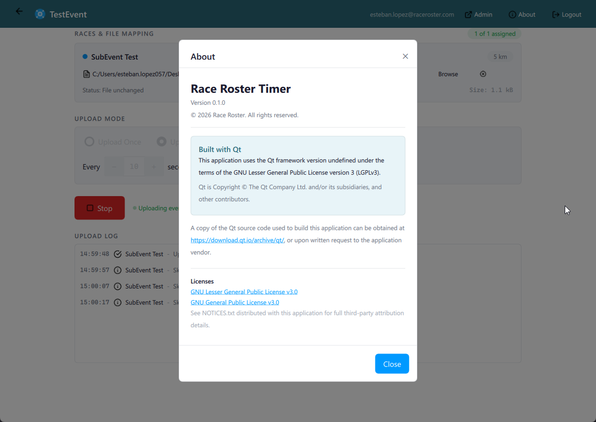 About dialog showing app version and Qt license info