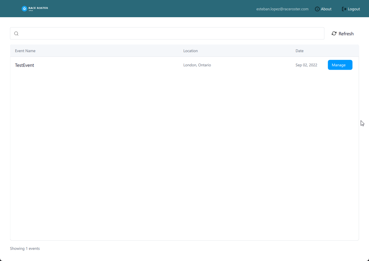Event list view showing events with Manage button