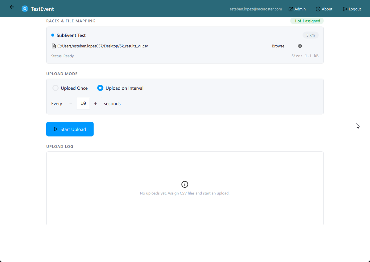Race Configuration view with file mapped and ready to upload
