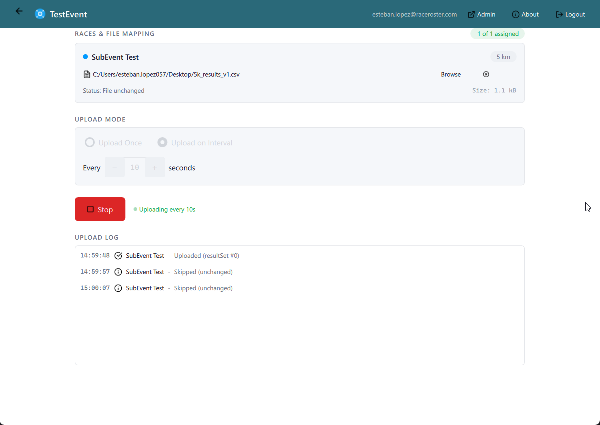 Race Configuration view showing active uploads and log